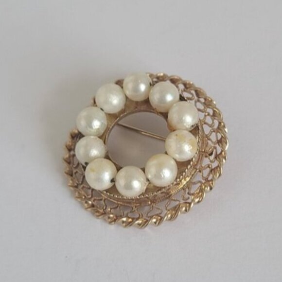 Vintage Boho Baroque Catamore 12K Gold Filled Round Circle Pearl Wreath Brooch - Picture 7 of 9